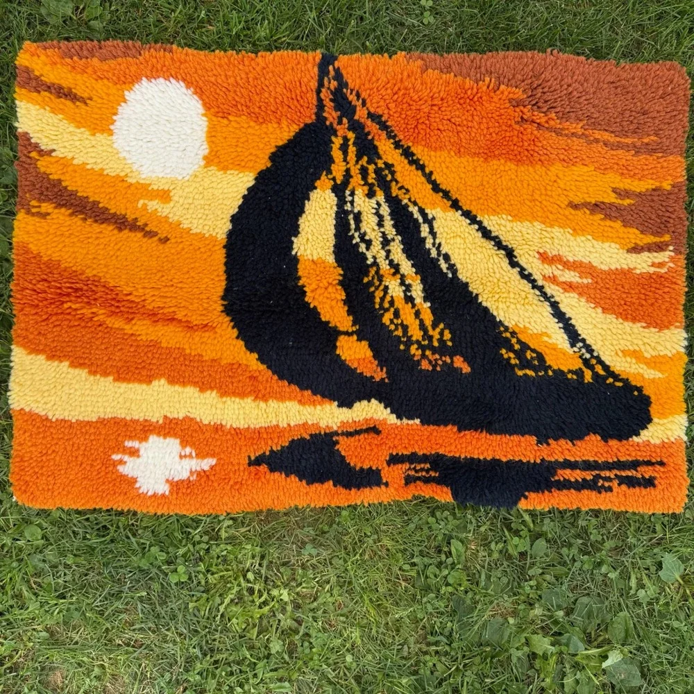 Vintage Latch Hook Rug 35x24 Orange Sailboat Sunset Retro 70s Wall Hanging
